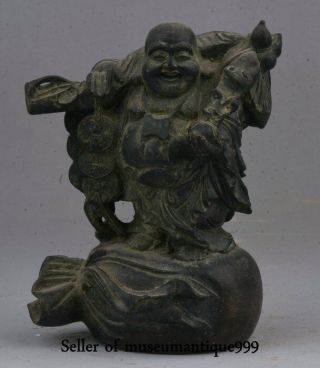 4.  2 " Old Chinese Bronze Happy Maitreya Buddha Wealth Money Bag Statue Sculpture