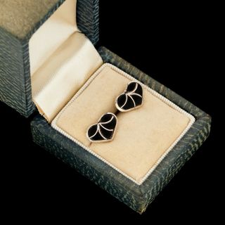 Antique Vintage Mid Century Sterling 925 Silver Inlaid Black Onyx Heart Earrings