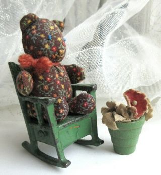 3pc Miniature Doll House Rocking Chair Calico Bear & Flower Pot,  Rocker