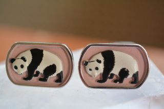 Vintage Silver Tone Enamel Panda Bear Cufflinks