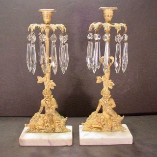 Pair Antique Victorian Brass Boy & Dog Girandole Candlesticks R.  E.  Dietz Prisms
