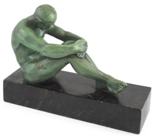 C.  1927 - Ronson - Rare Art Deco Greek Seated Athlete Green Patina Statue