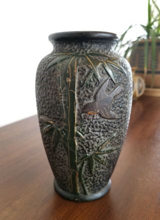 Vintage/antique Japanese Tokanabe Ware Textured Black Vase Bamboo/bird Art Deco