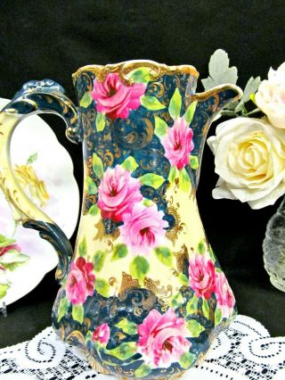 Antique Nippon Chocolate Pot Painted Pink Roses Raised Gold Gilt Beaded Teapot