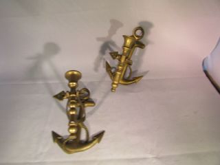 Vintage Antique Gold Brass Wall Sconces Candle Holders Pair Nautical Anchors