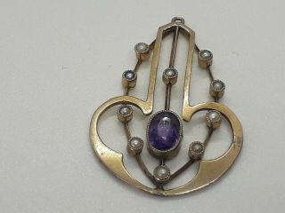 Antique Victorian 9ct Gold Amethyst And Seed Pearls Openwork Pendant.  2.  14 Grams