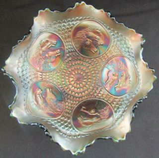 Antique Fenton Carnival Glass Iridescent Horse Medallion 3 Footed Bowl