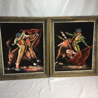 2 Vintage Matador Black Velvet Paintings Bull Fighter Spanish In Wood Frames