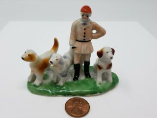 Miniature Dollhouse Vtg.  Antique Fine Porcelain Figurine Man Dog Trainer 3 Dogs