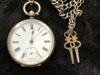 Antique Silver Gents Pocket Watch,  With Chain & 2 Keys
