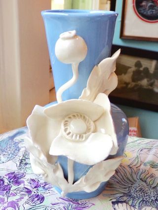 Antique Royal Dux Czech Barbotine Style Vase - Applied 3d Poppy - 3 Days Shippng