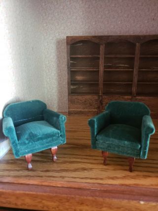 Vintage Green Velvet Highback Armchairs (2) Dollhouse Miniatures