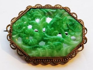 Antique Czech Neiger Carved Pierced Molded Green Peking Glass Brooch C - Clasp