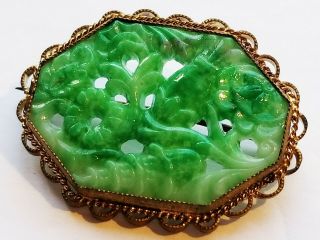 Antique CZECH Neiger Carved Pierced Molded Green Peking Glass Brooch C - Clasp 2
