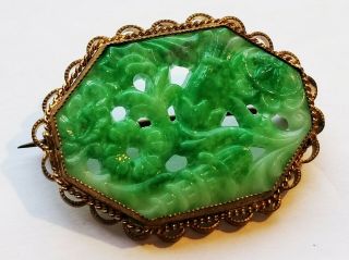 Antique CZECH Neiger Carved Pierced Molded Green Peking Glass Brooch C - Clasp 3
