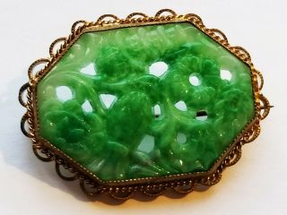 Antique CZECH Neiger Carved Pierced Molded Green Peking Glass Brooch C - Clasp 5