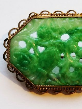 Antique CZECH Neiger Carved Pierced Molded Green Peking Glass Brooch C - Clasp 6