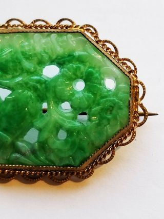 Antique CZECH Neiger Carved Pierced Molded Green Peking Glass Brooch C - Clasp 7