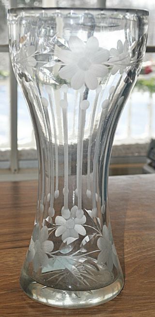 Antique American Brilliant Abp Cut Glass Tall Vase,  Floral,  Sprig,  Round Top Rim