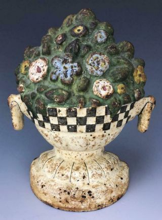 Antique Cast Iron Hand Painted Rose Floral Checkerboard Flower Basket Doorstop