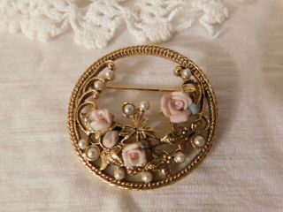 Vintage 1928 Pink Porcelain Roses Floral Fancy Pin Brooch Antique Gold
