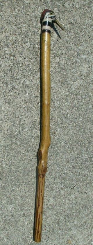 Folk Art Hand Made Walking Stick With A Red Headed Wood Pecker Unknown Maker Old