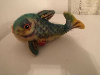 Steiff Flossy Fish Blue Mohair Plush 28cm 11in Id Button Tag Vintage 60 - 64