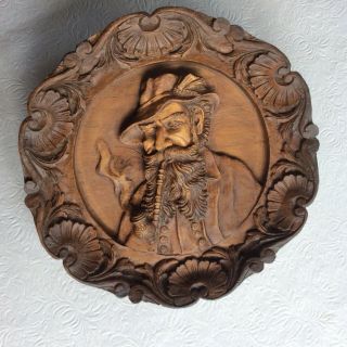 Vintage Bavarian Style Sic - Carved Wood Resin Plaque - Man Smoking Pipe