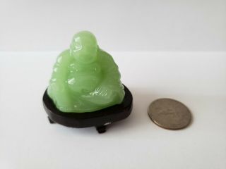 Chinese Jade Green Antique Happy Buddha Carved Statue Figure W/ Wooden Stand