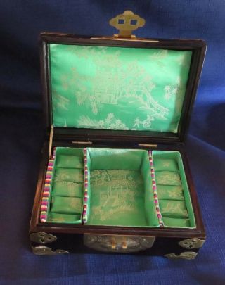 Vintage Chinese Cherry Wood and Brass with Jade Medallion Jewelry Box 2