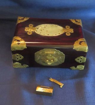 Vintage Chinese Cherry Wood and Brass with Jade Medallion Jewelry Box 3