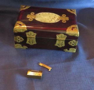 Vintage Chinese Cherry Wood and Brass with Jade Medallion Jewelry Box 5