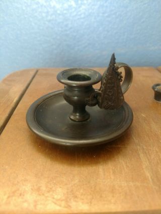 Antique Cast Bronze/brass Finger Ring Candle Holder With Attached Snuffer