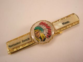 - Nantasket Beach Mass Vintage Tie Bar Clip Chief Feathered Headdress Warrior