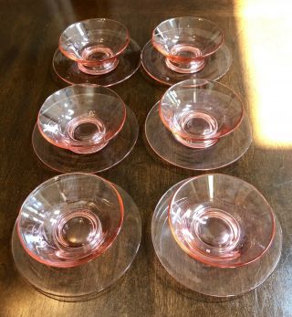 6 Antique Vintage Pink Depression Glass Sherbert Footed Bowls /soup W/ Saucers