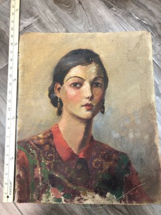 Antique 1800s Oil Painting Portrait Of Woman Possibly Spanish Old Linen Canvas