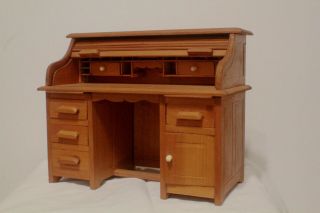 Vintage Dollhouse Wood Roll Top Secretary Desk Furniture Salesman Sample