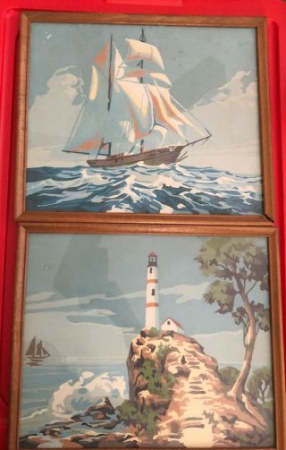 2 Vintage Pbn Paint By Number Framed - Seascape Lighthouse Ship Ocean 10 X 12”