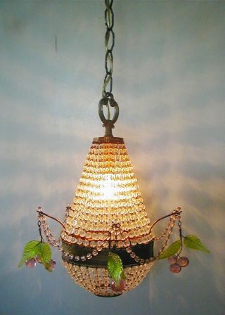 Fabulous French Victorian Colored Crystal Beaded Chandelier / Pink Cherry Fruit