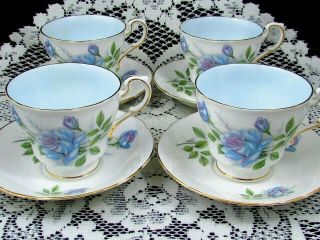 Paragon Blue Moon Pattern Blue Roses Set Of 4 Tea Cups And Saucers