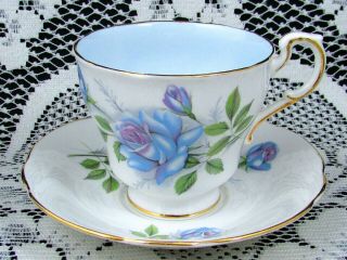 PARAGON BLUE MOON PATTERN BLUE ROSES SET OF 4 TEA CUPS AND SAUCERS 2