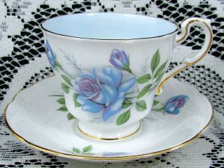 PARAGON BLUE MOON PATTERN BLUE ROSES SET OF 4 TEA CUPS AND SAUCERS 5