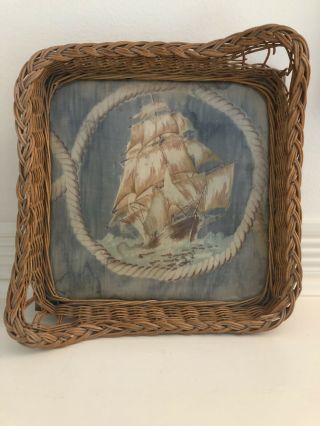 Vintage Wicker Serving Tray With Sailing Vessel/pirate Ship Fabric Inlay Unique