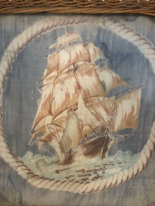 Vintage wicker serving tray with sailing vessel/pirate ship fabric inlay UNIQUE 2