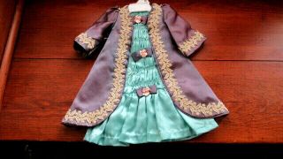 3pc Vintage Handmade Antique Doll Dress Coat Bonnet Blue Satin Lace 22 - 24 " ??