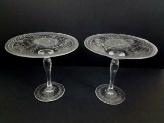 American Antique Hawkes Crystal Cut Set 2 Compote Glass High Wide Pedestal