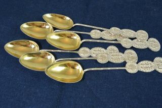 Six Antique Sterling And Gold " Well Wishing " Silver Spoons Hong Kong 81 Gms