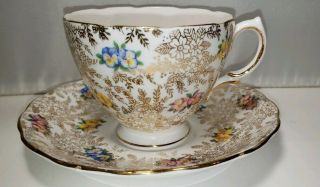 Mayfair English Bone China Teacup And Saucer Pansies And Gold Floral