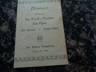 Antique Dinner Menu/honoring Worlds Champion Kite - Flyers/new Holland Pa/1929