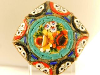 Victorian Micro Mosaic Flower Pin Antique Estate Colorful Detailed Italy Square